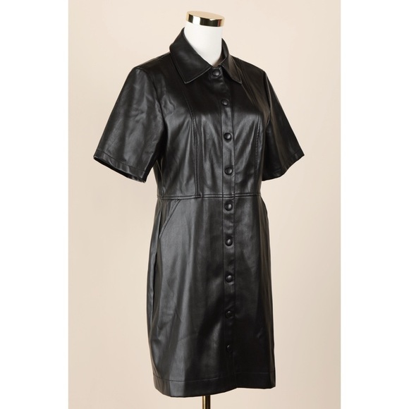 Sz 8 Topshop Black Faux Leather Mini Pu Button Down Shirt Dress GUC - Picture 2 of 6